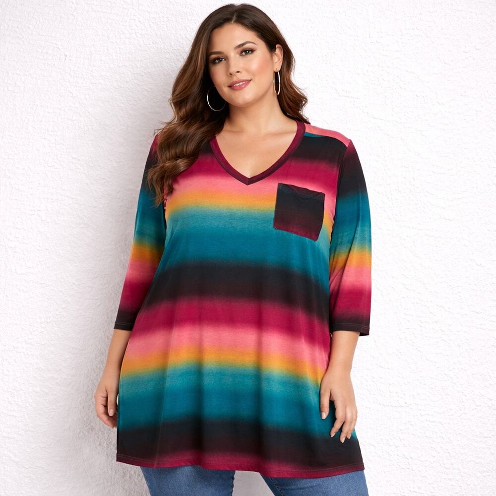 Now N Forever Rainbow Stripe Tunic Top V Neck 3/4 Sleeve Pocket Blouse Sz 3X